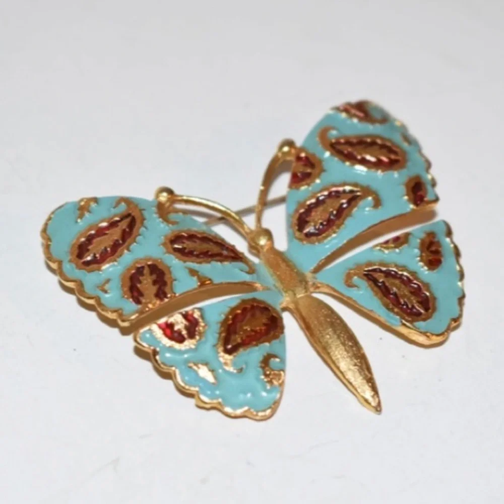 Vintage Karu Butterfly Brooch turquoise enamel paisley Gold Tone Unsigned - Picture 5 of 7